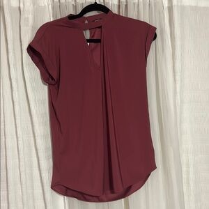 Express Red Pleated Cap Sleeve Blouse with Mandarin Collar